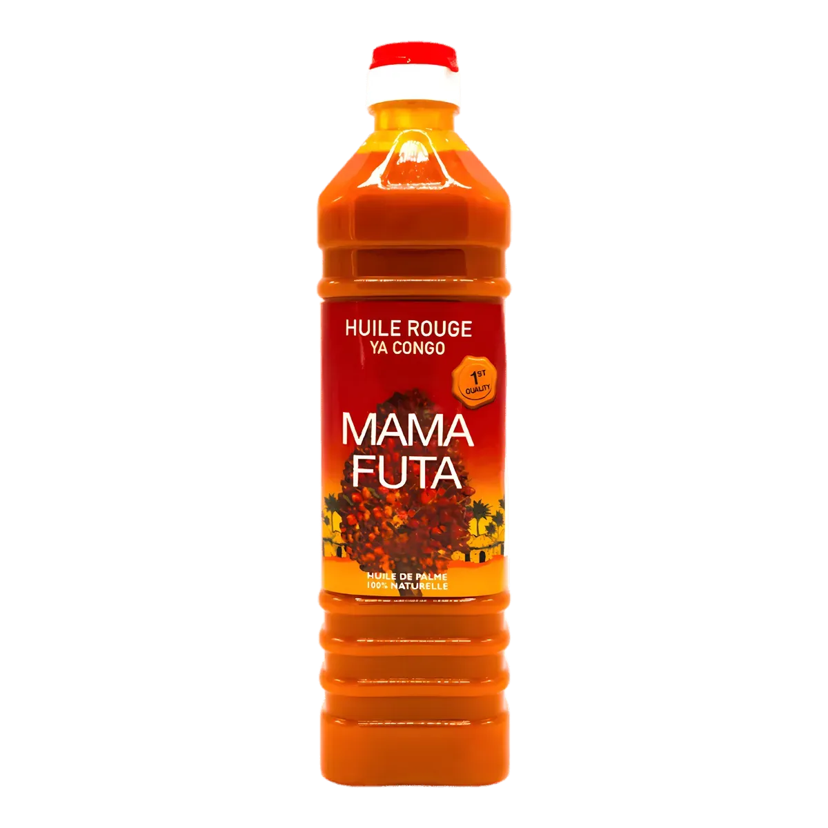 Bouteille d'huile de palme MAMA FUTA rouge 1L, idéale pour la cuisson à haute température. Produit d'épicerie salée aux saveurs africaines.